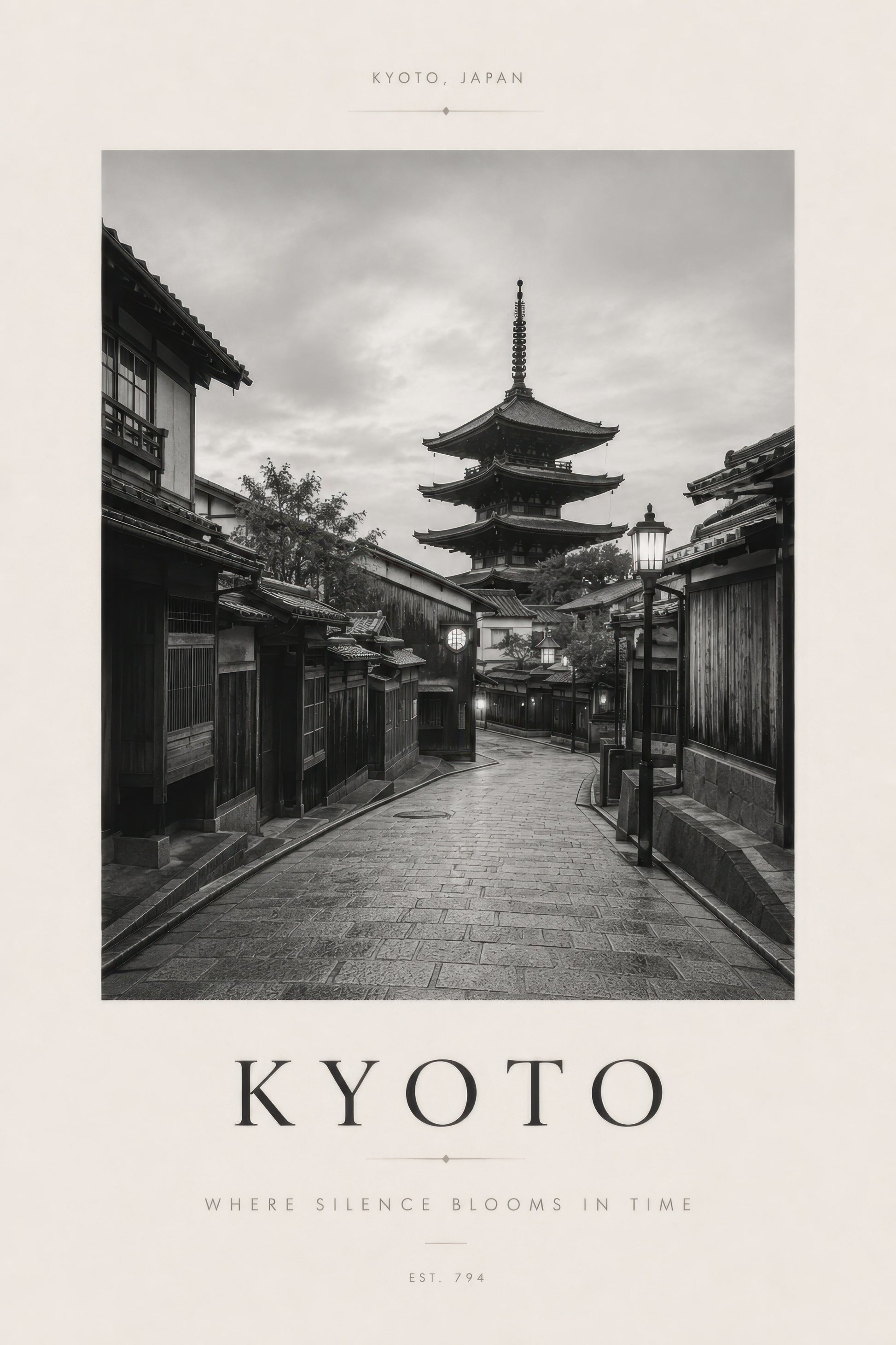 Siyah Beyaz Kyoto Pagoda Manzarası Minimalist Duvar Tablosu