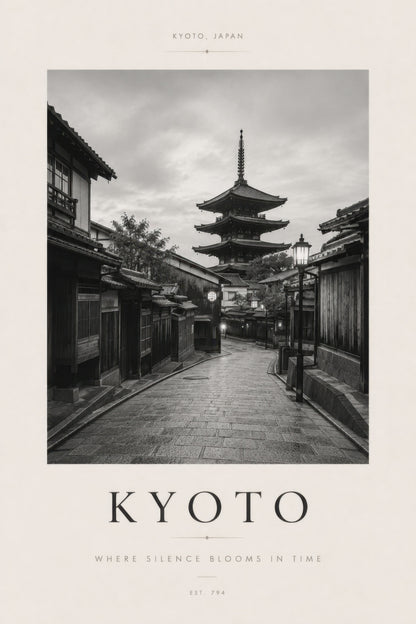 Siyah Beyaz Kyoto Pagoda Manzarası Minimalist Duvar Tablosu
