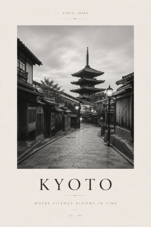 Siyah Beyaz Kyoto Pagoda Manzarası Minimalist Duvar Tablosu