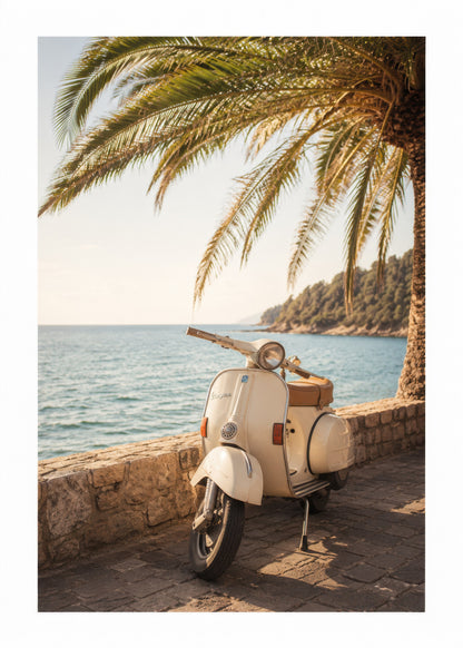 Bej Turkuaz Akdeniz Sahil Retro Vespa Duvar Tablosu