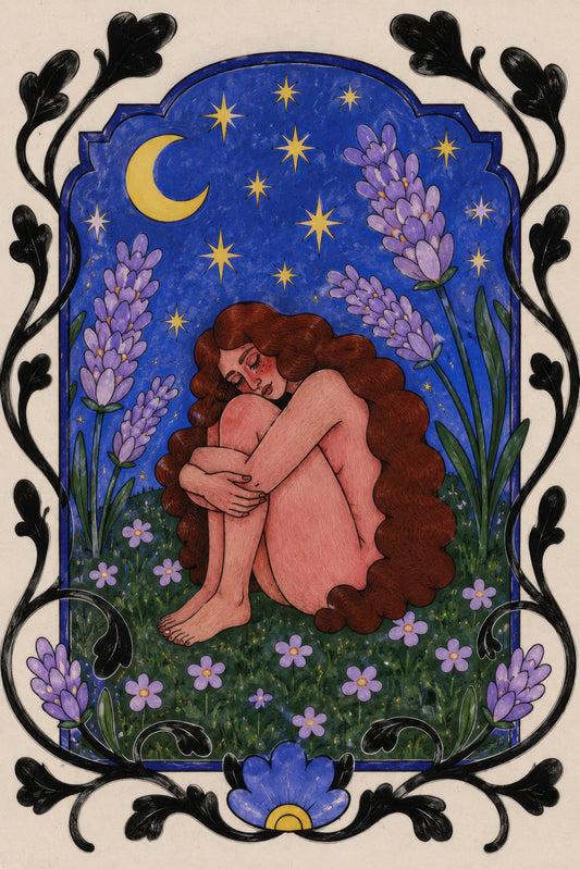 Mavi Mor Kadın Figürlü Lavanta Bahçesi Art Nouveau Duvar Tablosu