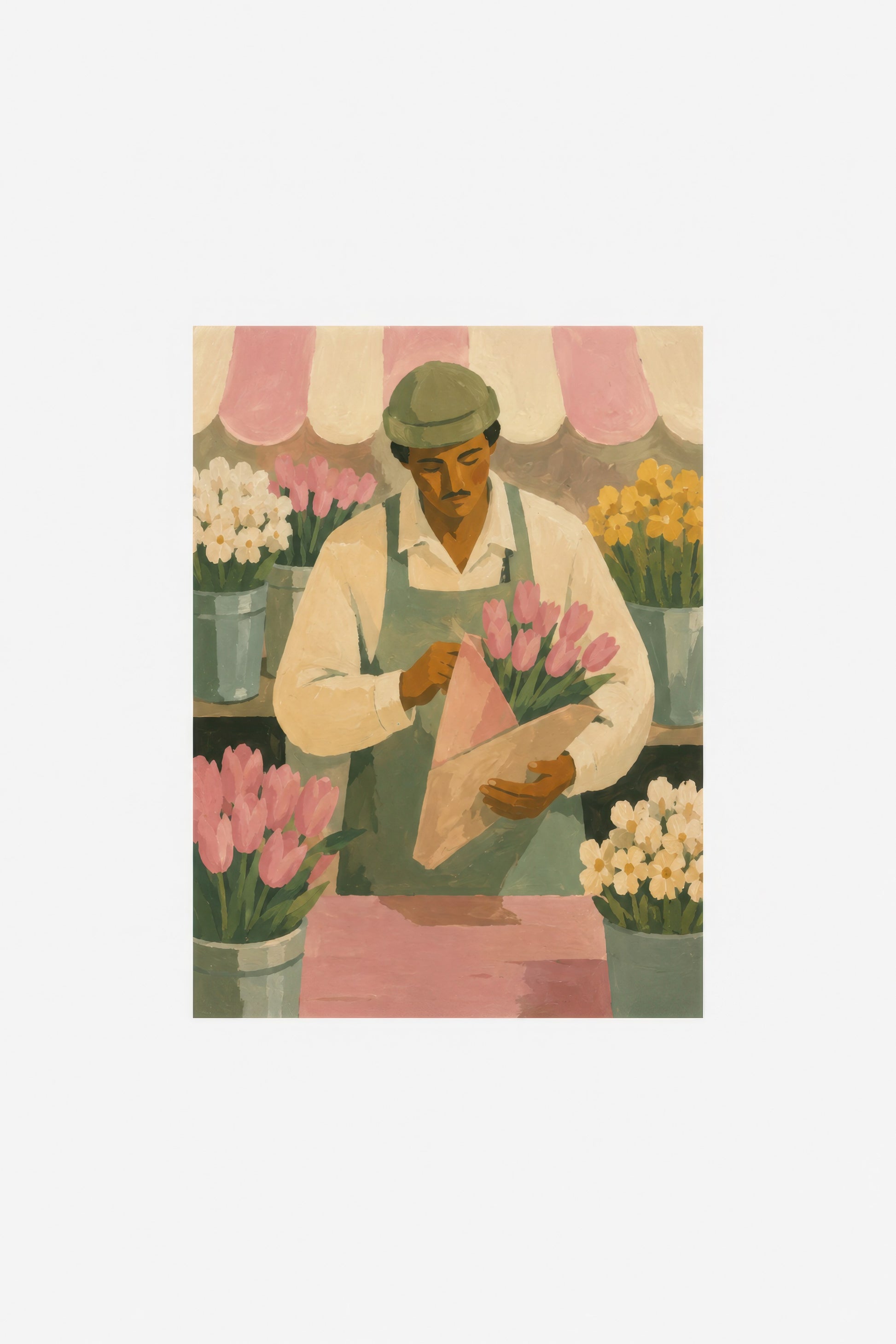 Pembe Yeşil Çiçekçi Portresi Vintage Duvar Tablosu