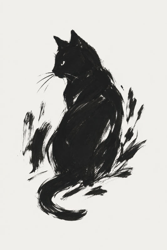 Siyah Beyaz Kedi Figürü Minimalist Duvar Tablosu
