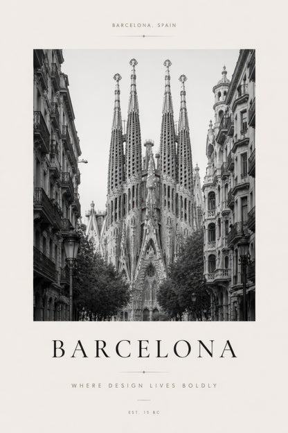 Siyah Beyaz Barcelona Sagrada Familia Mimari Duvar Tablosu