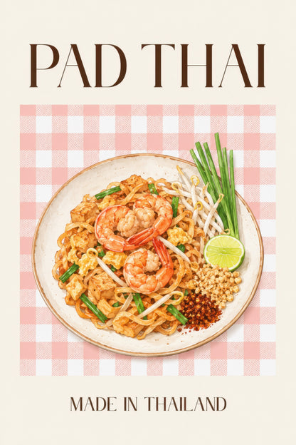 Pembe Bej Pad Thai Yemek İllüstrasyonu Mutfak Duvar Tablosu