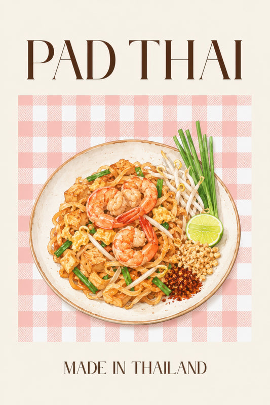 Pembe Bej Pad Thai Yemek İllüstrasyonu Mutfak Duvar Tablosu
