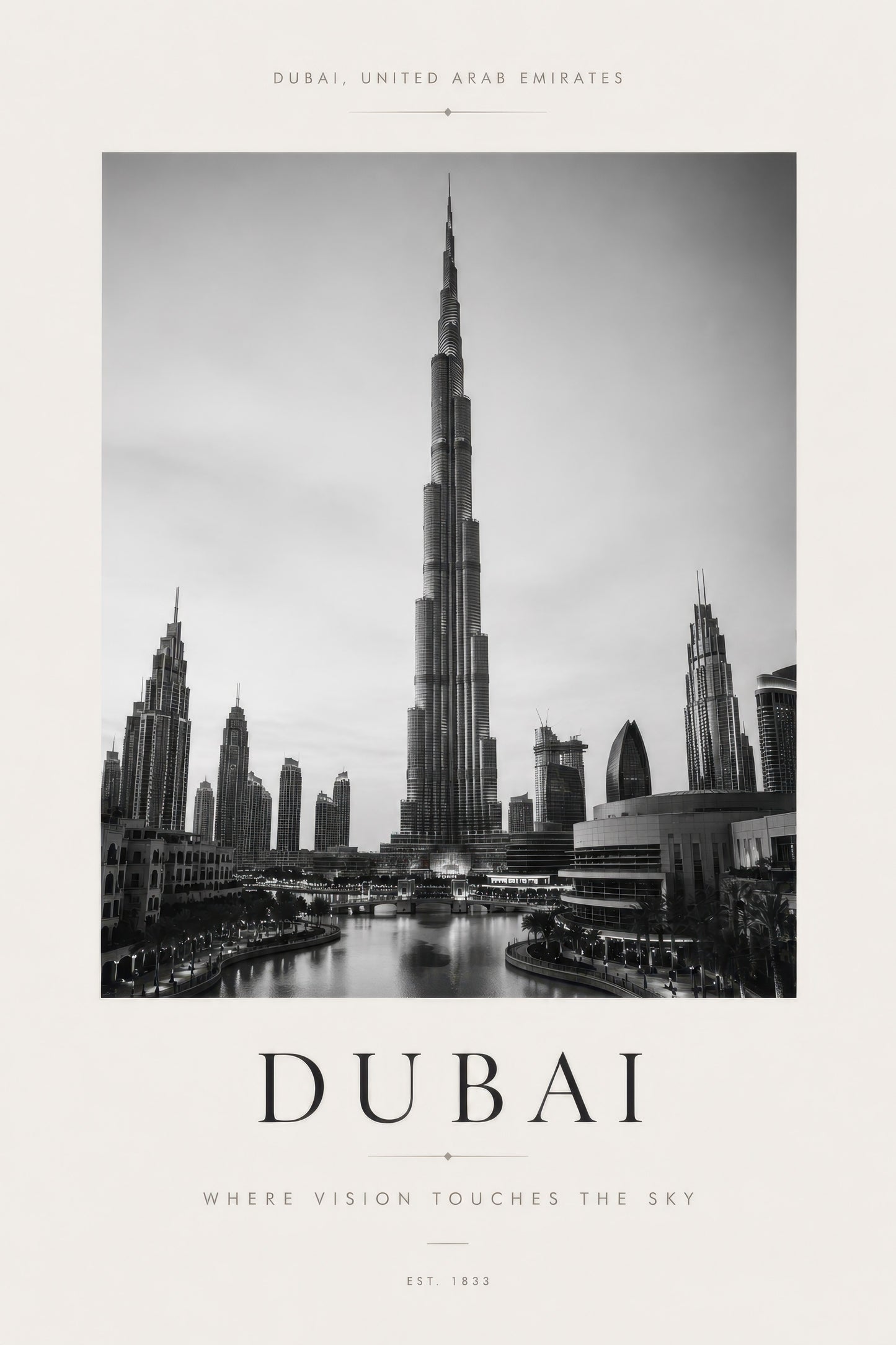 Siyah Beyaz Dubai Burj Khalifa Mimari Duvar Tablosu