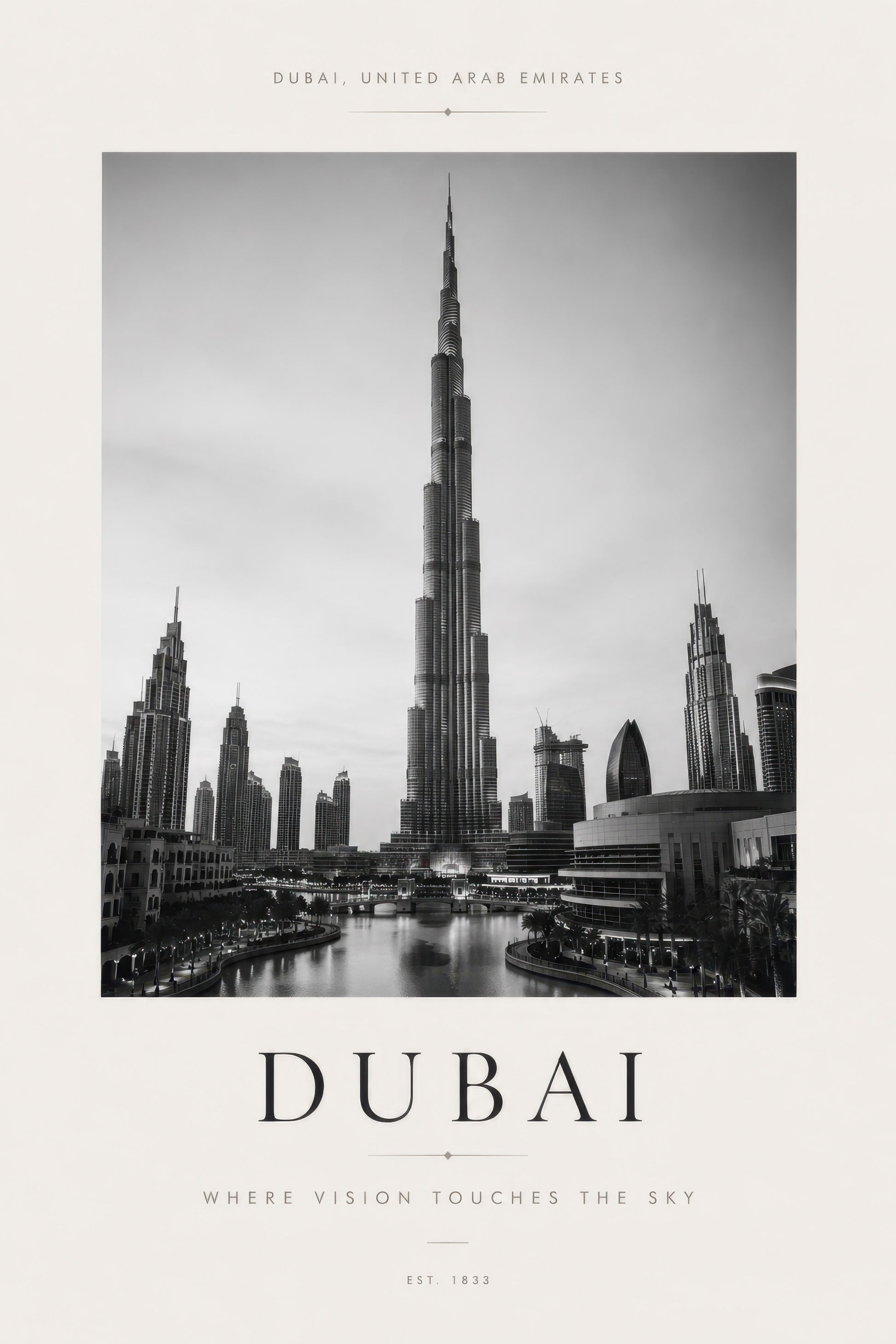 Siyah Beyaz Dubai Burj Khalifa Mimari Duvar Tablosu