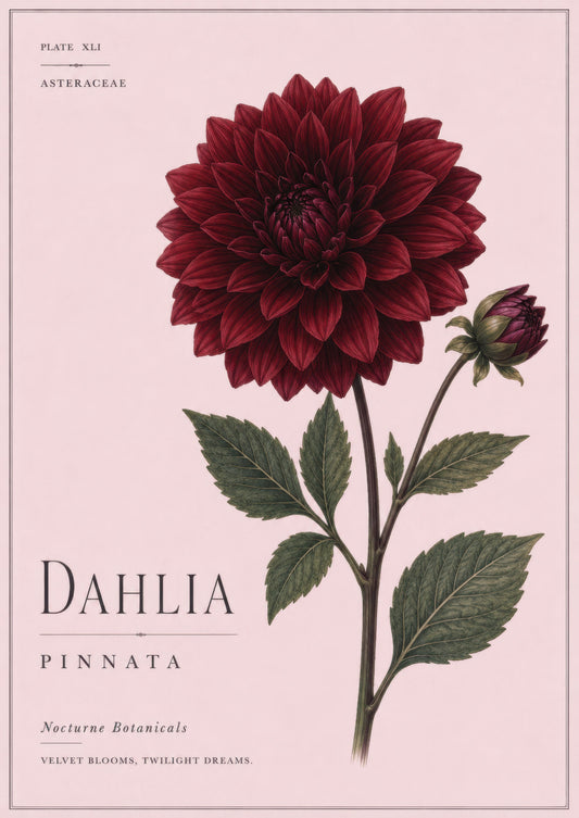 Bordo Pembe Botanik Dahlia Çiçeği Vintage Duvar Tablosu