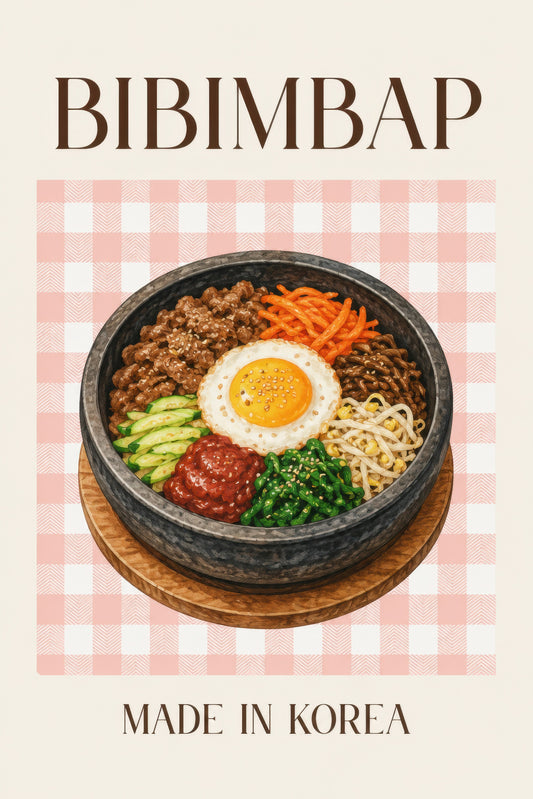 Kahverengi Turuncu Kore Yemeği Bibimbap Vintage Duvar Tablosu