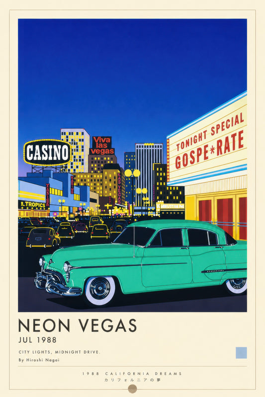 Mavi Turkuaz Retro Las Vegas Gece Manzarası Duvar Tablosu