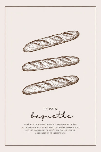 Kahverengi Bej Fransız Baguette Eskiz Mutfak Duvar Tablosu