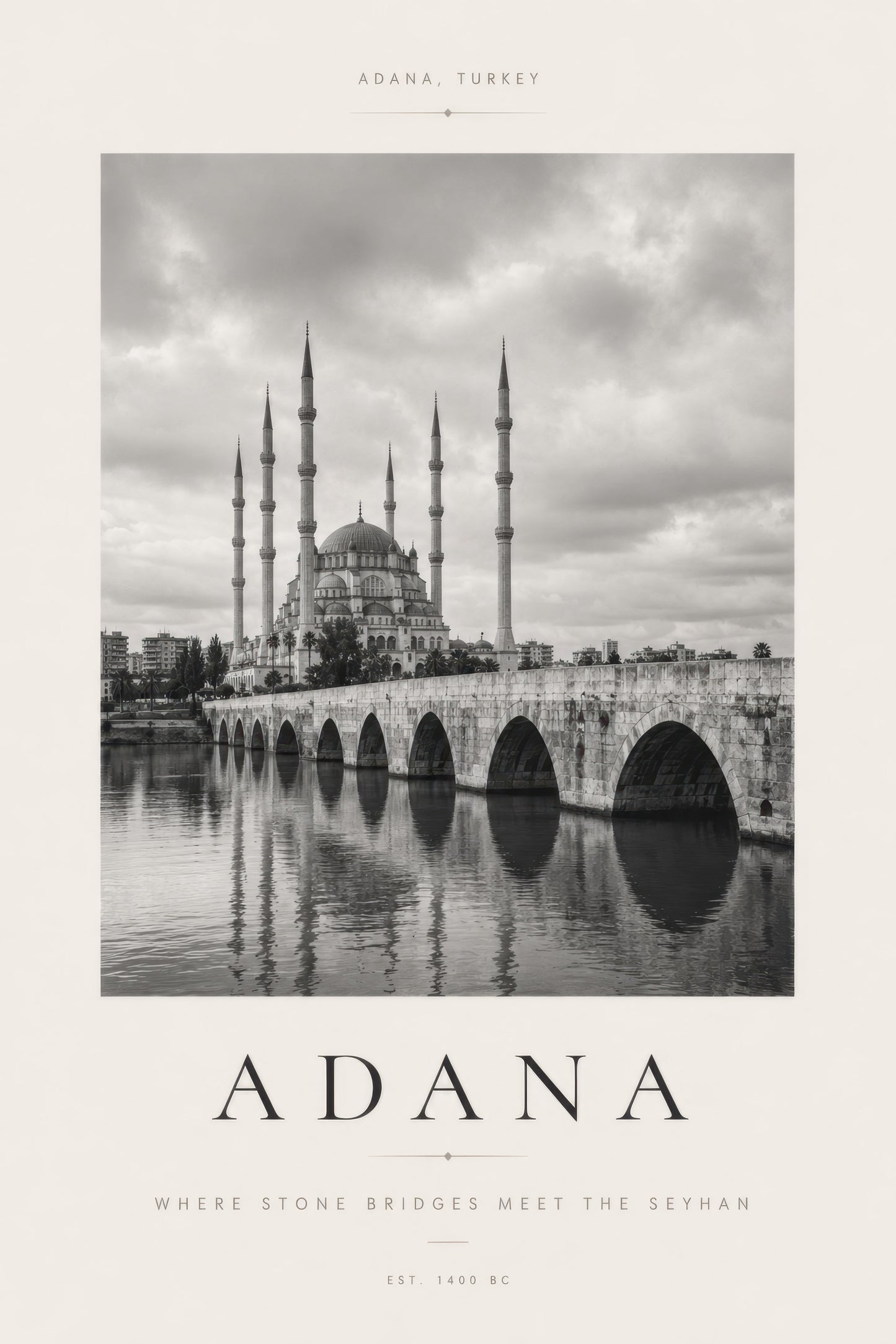 Siyah Beyaz Adana Taşköprü ve Sabancı Merkez Camii Mimari Duvar Tablosu