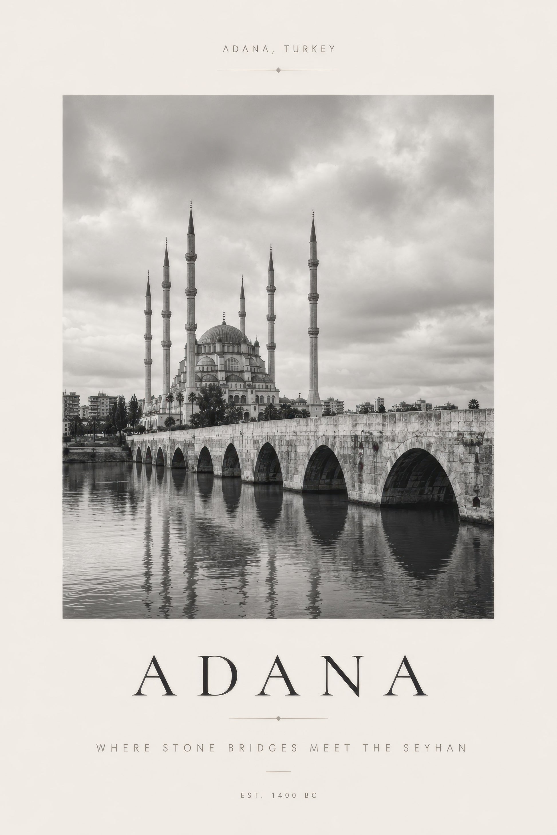 Siyah Beyaz Adana Taşköprü ve Sabancı Merkez Camii Mimari Duvar Tablosu