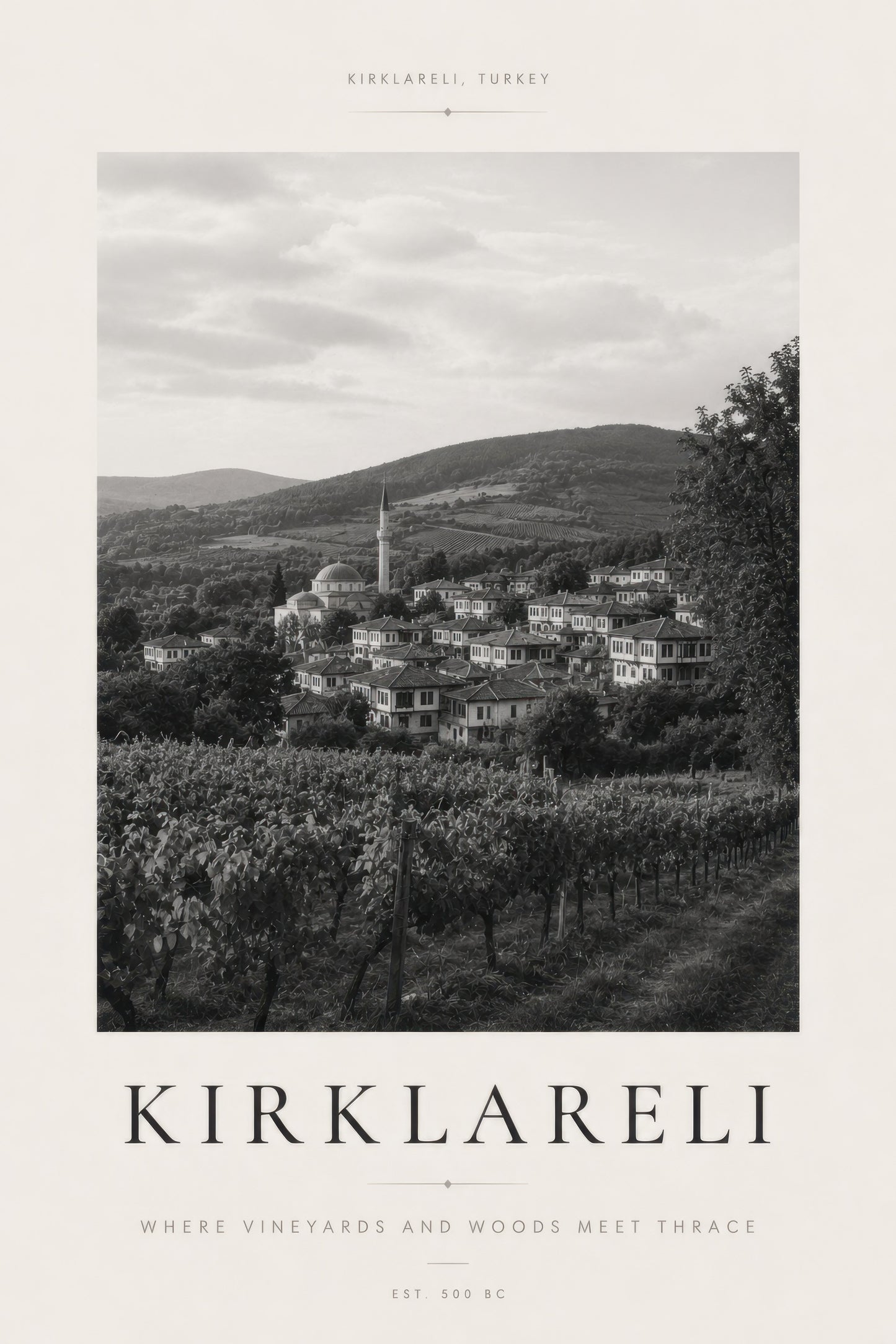 Gri Bej Kırklareli Manzarası Vintage Duvar Tablosu