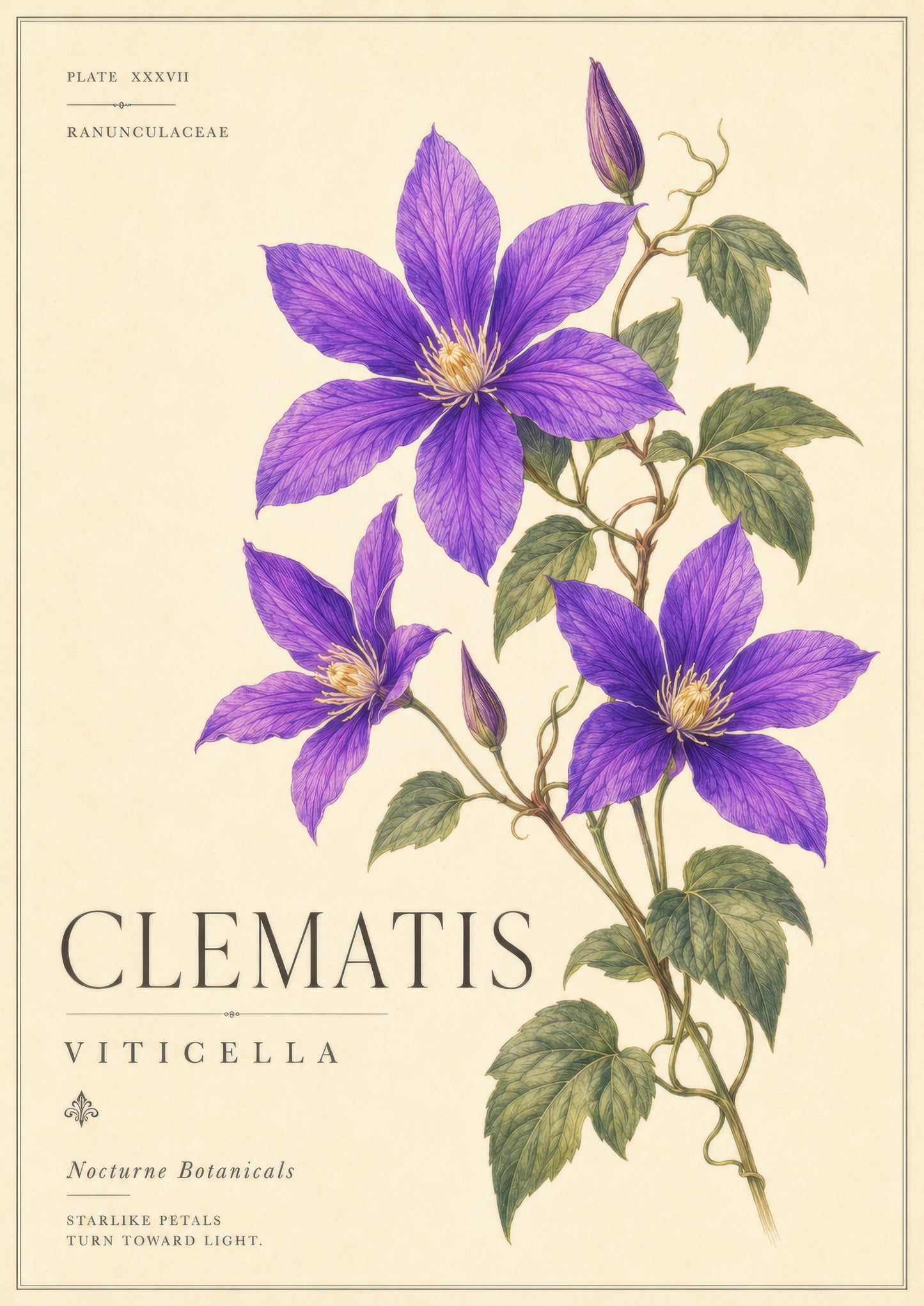 Mor Yeşil Clematis Çiçeği Botanik Duvar Tablosu