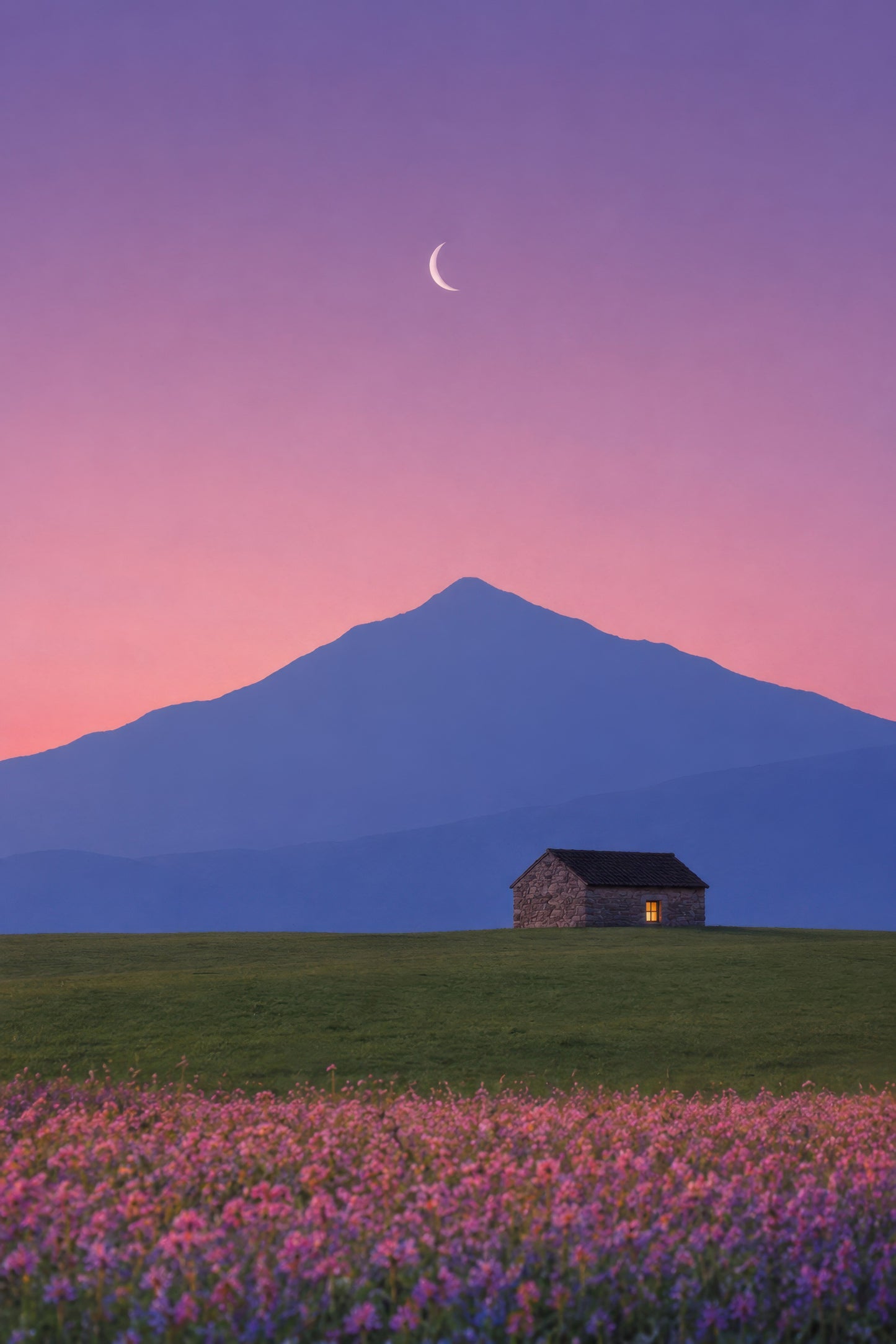 Mor Pembe Dağ Manzarası Lavanta Tarlası Minimalist Duvar Tablosu