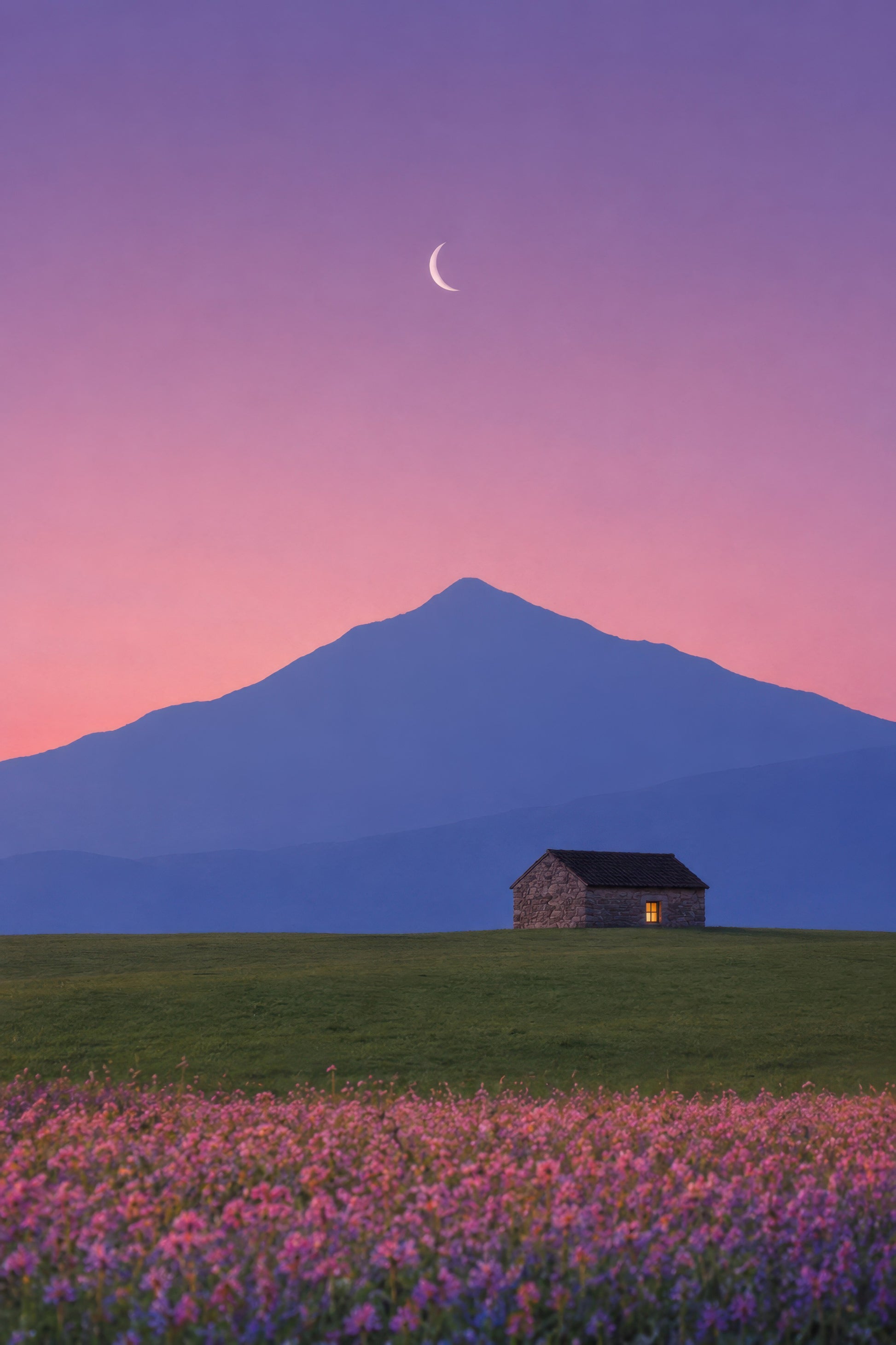 Mor Pembe Dağ Manzarası Lavanta Tarlası Minimalist Duvar Tablosu