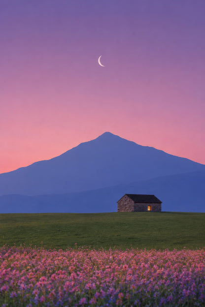 Mor Pembe Dağ Manzarası Lavanta Tarlası Minimalist Duvar Tablosu