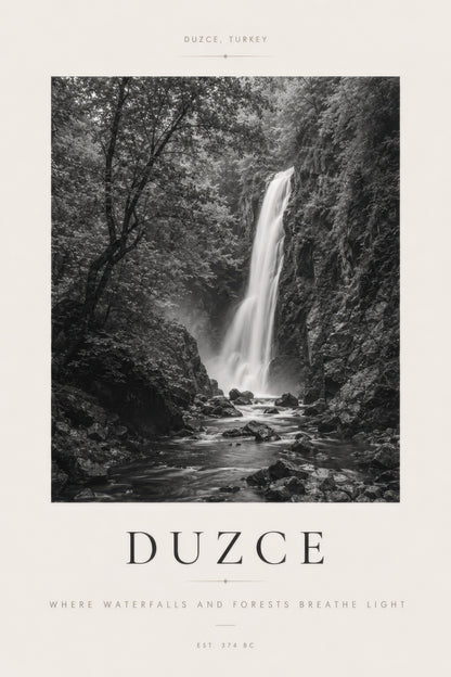 Siyah Beyaz Düzce Şelalesi Doğa Manzarası Minimal Duvar Tablosu