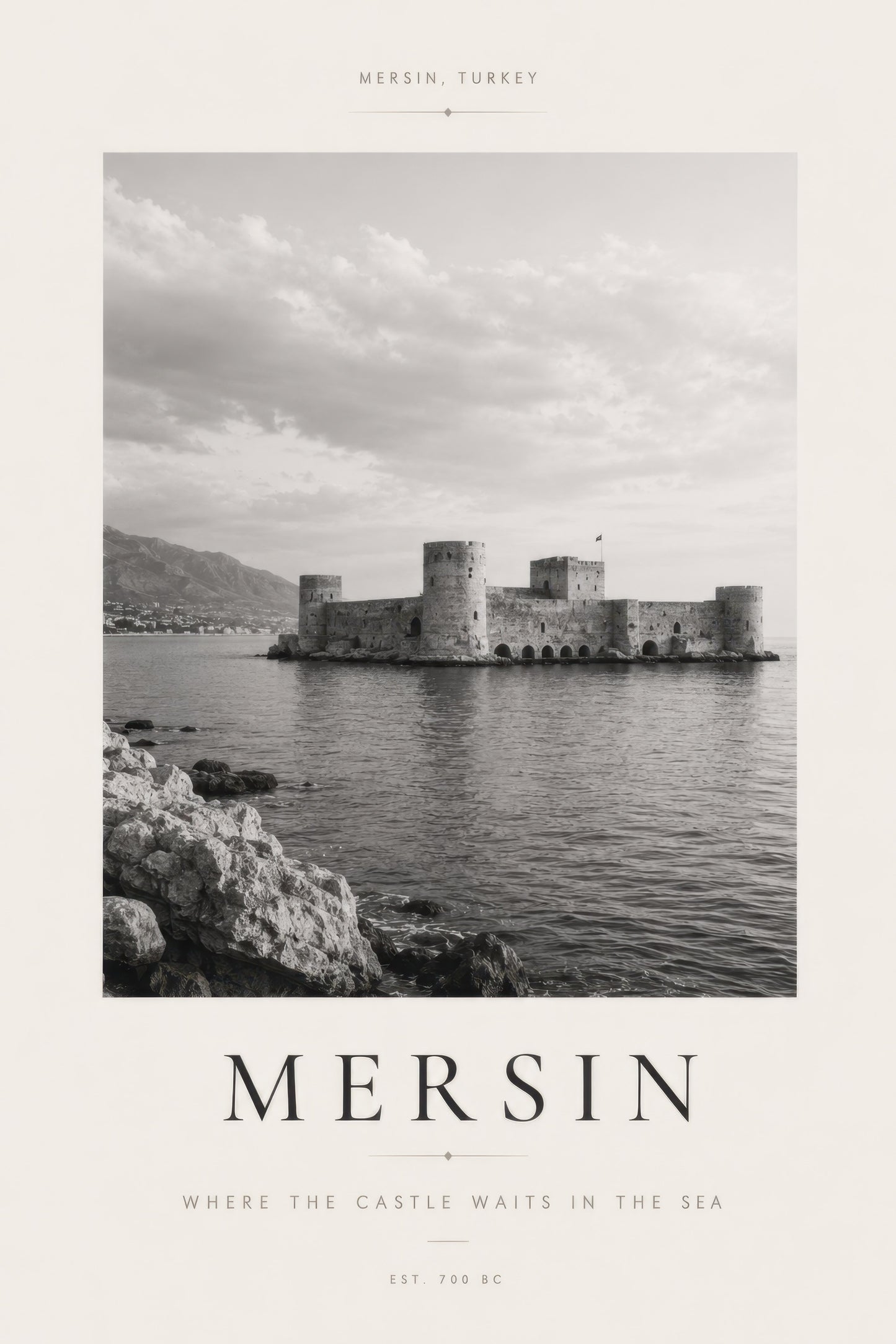 Gri Beyaz Mersin Kalesi Tarihsel Siyah Beyaz Duvar Tablosu