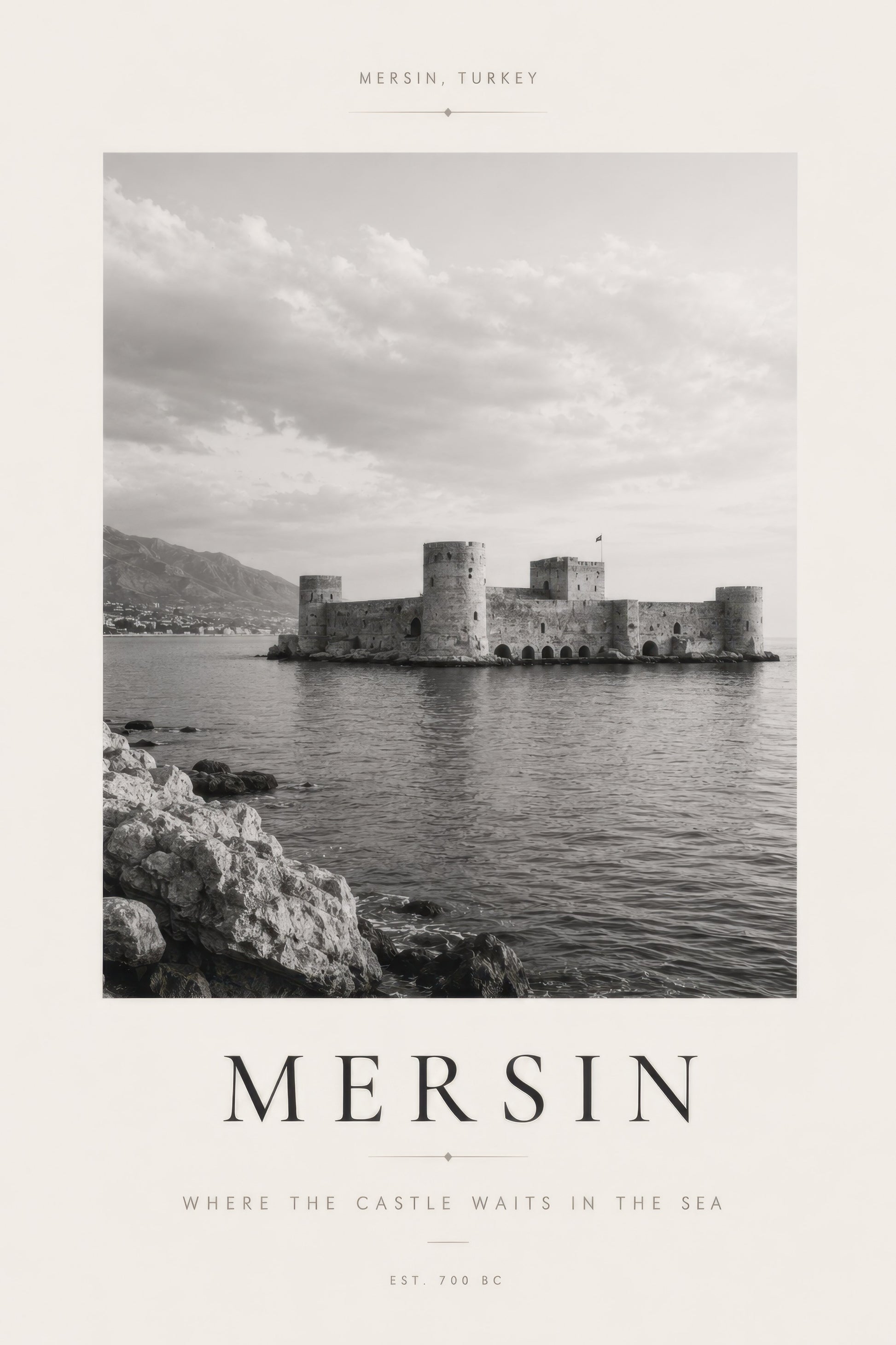 Gri Beyaz Mersin Kalesi Tarihsel Siyah Beyaz Duvar Tablosu
