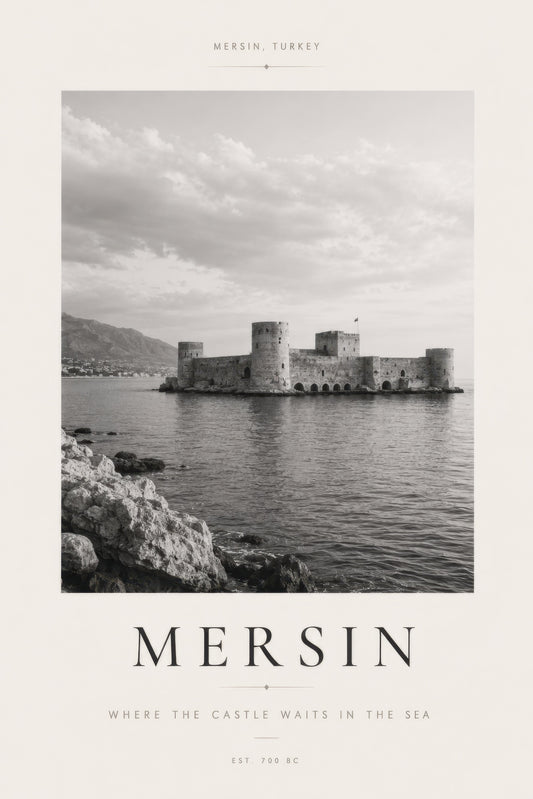 Gri Beyaz Mersin Kalesi Tarihsel Siyah Beyaz Duvar Tablosu