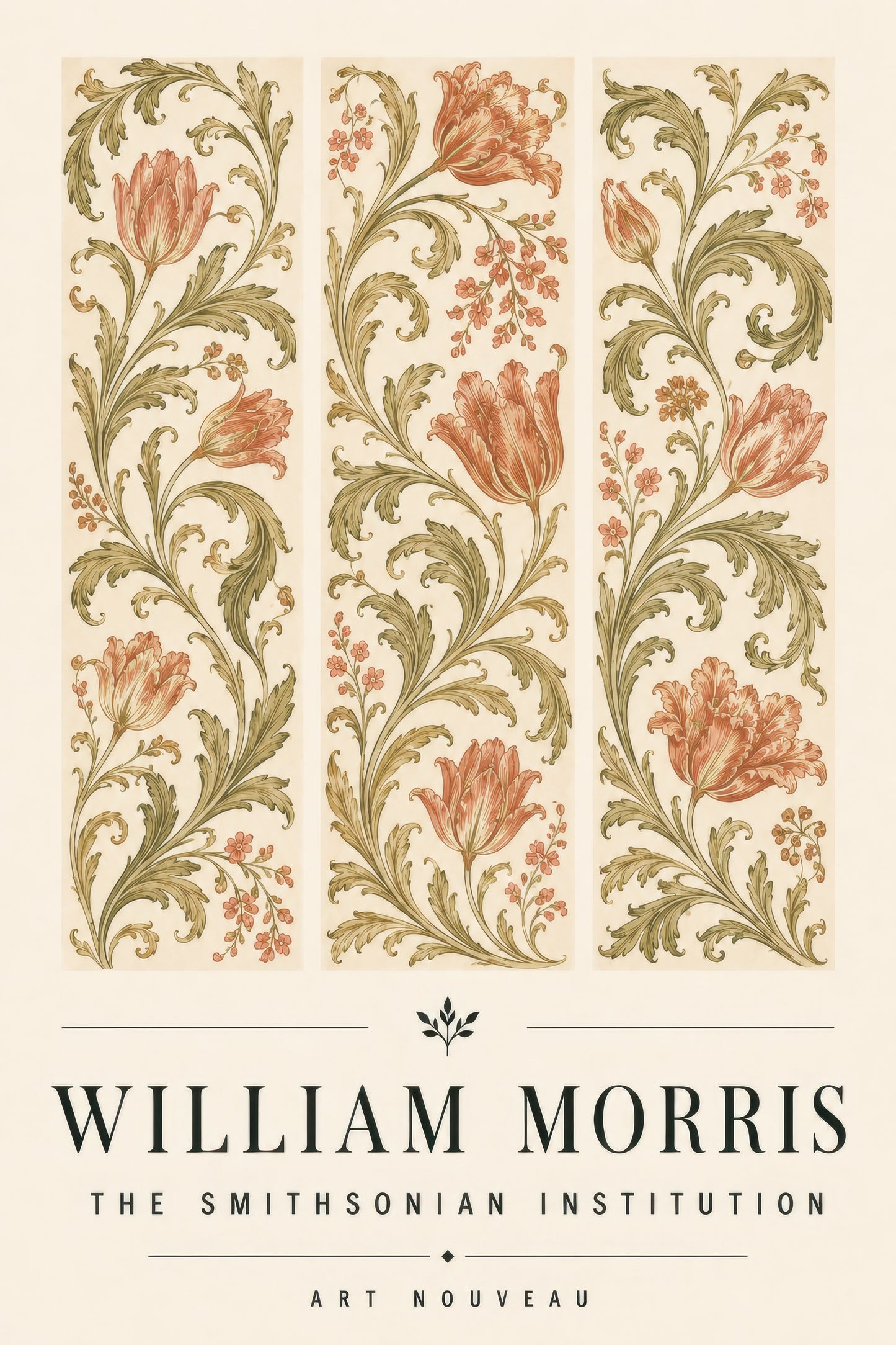 Mercan Zeytin Yeşili Art Nouveau Çiçek Dalları Dekoratif Duvar Tablosu
