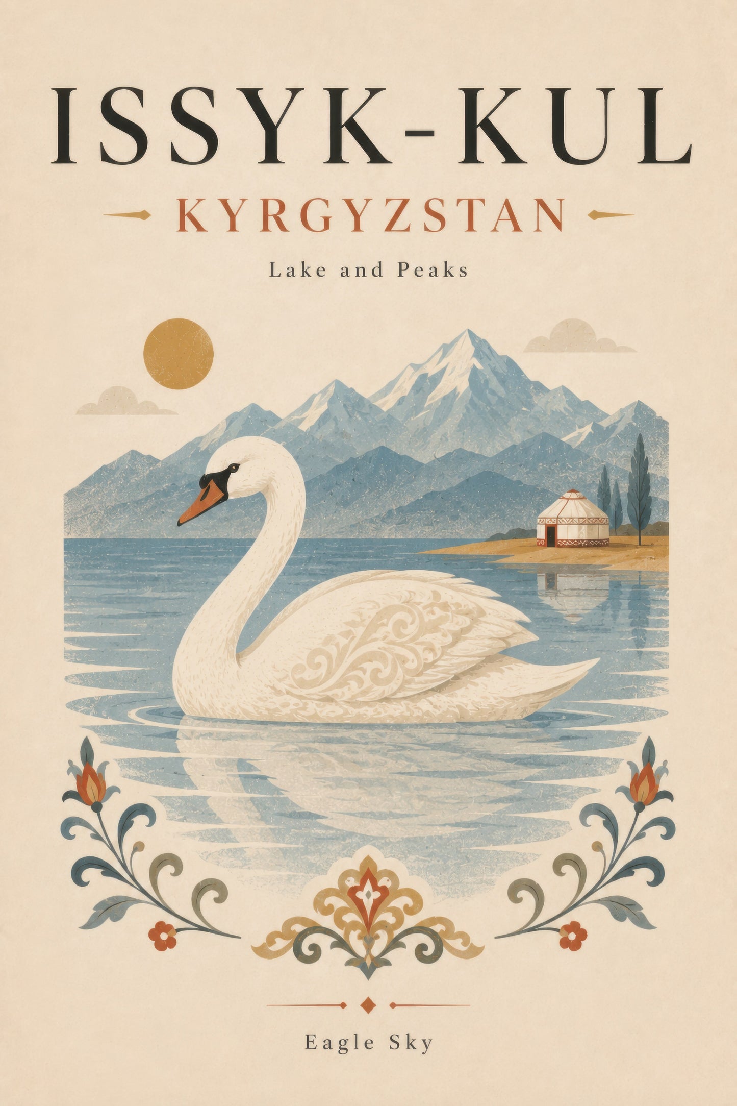 Bej Mavi Issyk-Kul Gölü Kuğu Vintage Duvar Tablosu