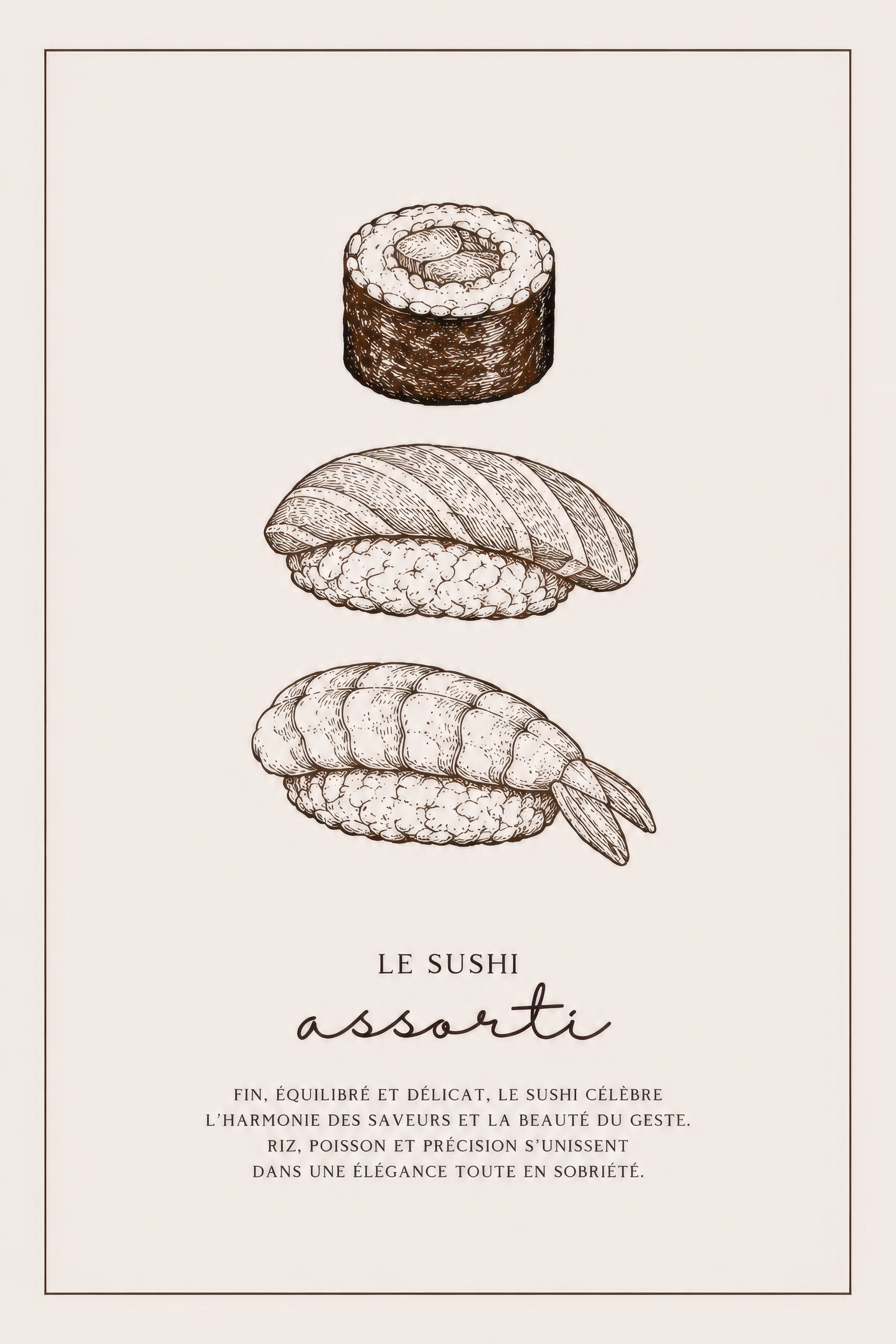 Kahverengi Bej Sushi Çizim Minimalist Mutfak Duvar Tablosu