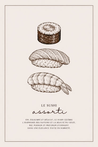 Kahverengi Bej Sushi Çizim Minimalist Mutfak Duvar Tablosu