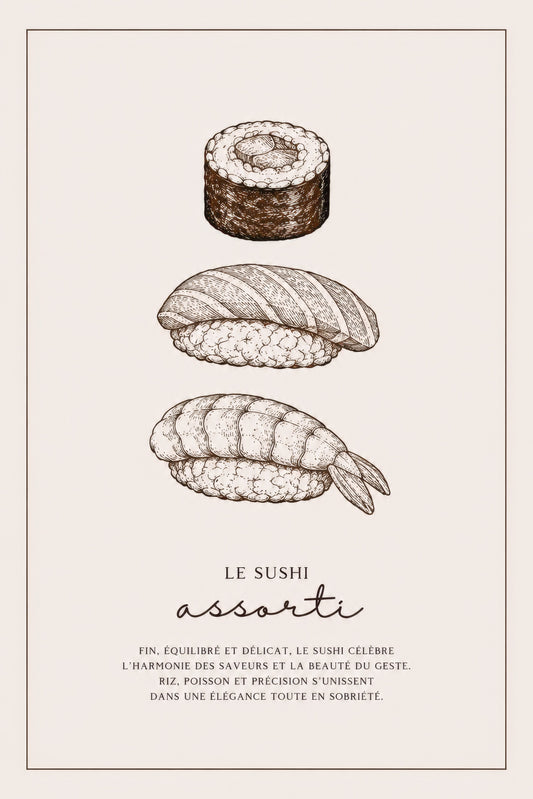 Kahverengi Bej Sushi Çizim Minimalist Mutfak Duvar Tablosu