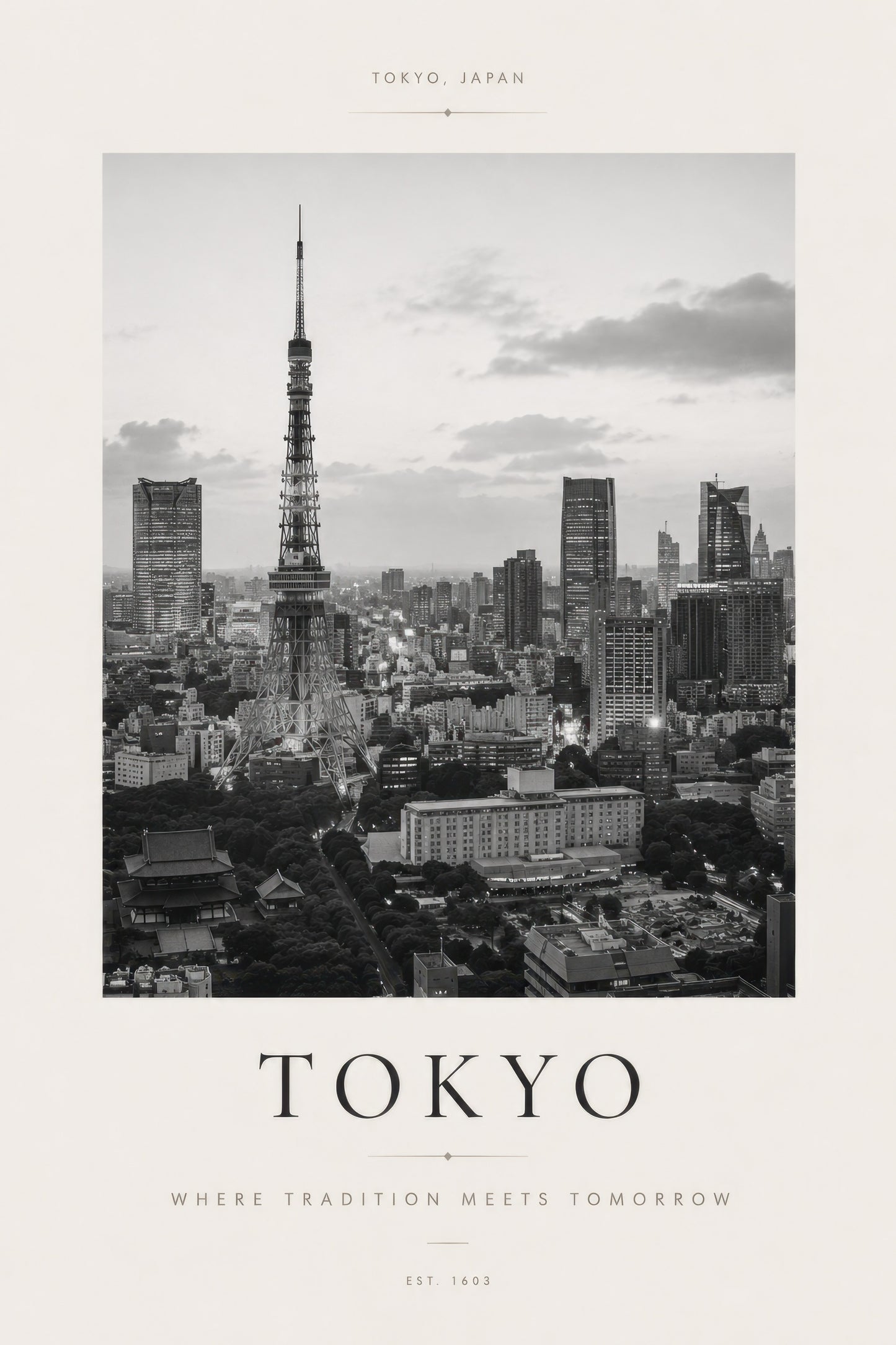 Siyah Beyaz Tokyo Kulesi Şehir Manzarası Minimalist Duvar Tablosu