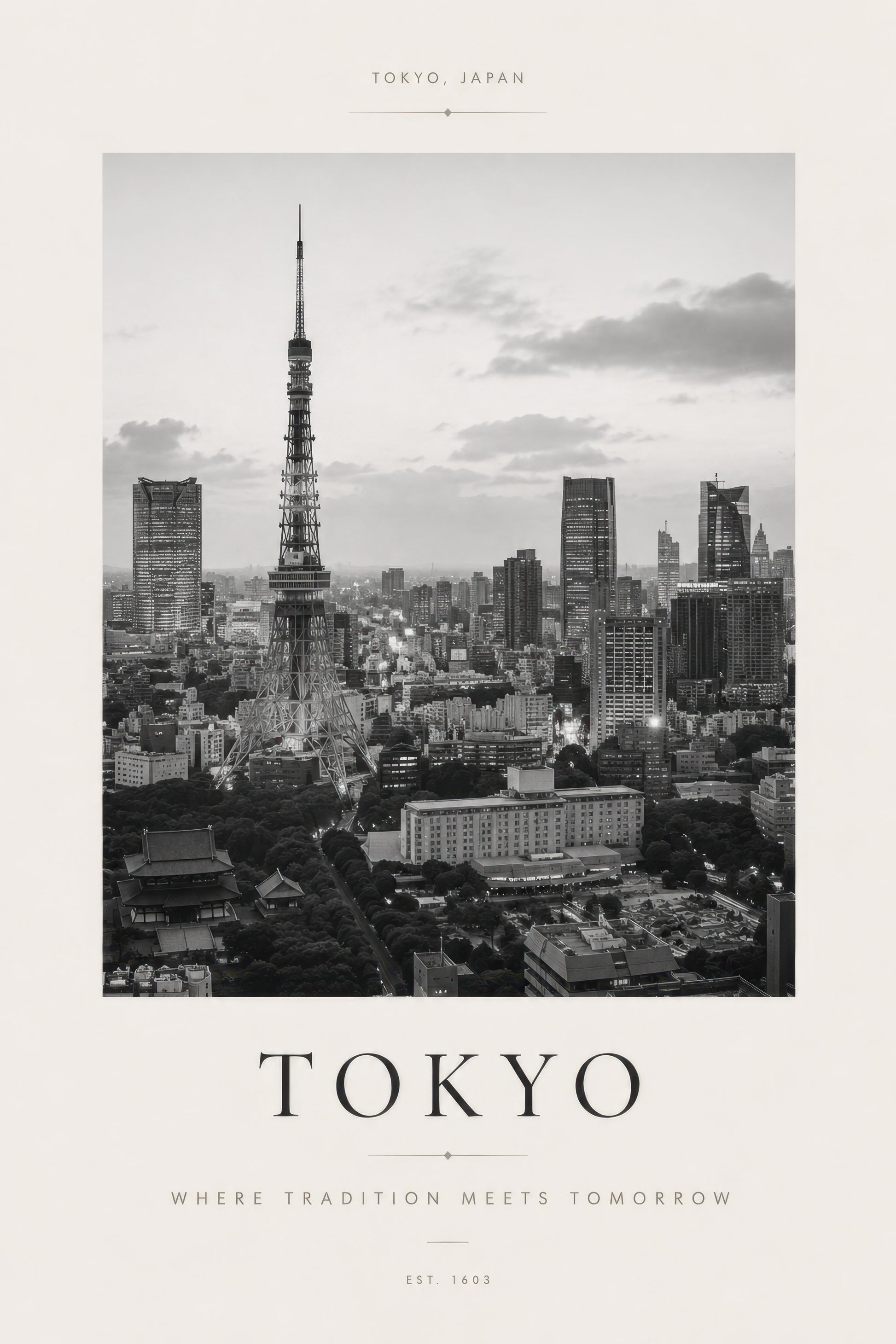 Siyah Beyaz Tokyo Kulesi Şehir Manzarası Minimalist Duvar Tablosu
