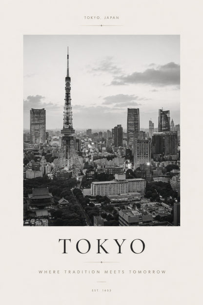 Siyah Beyaz Tokyo Kulesi Şehir Manzarası Minimalist Duvar Tablosu