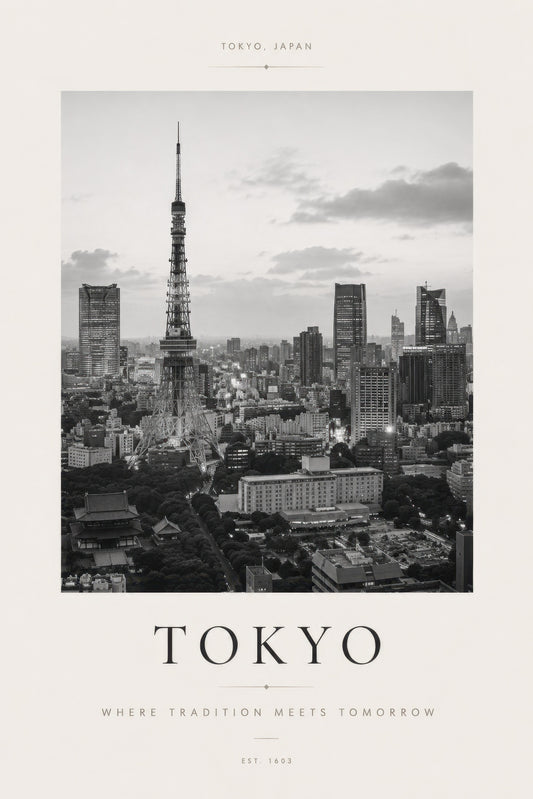Siyah Beyaz Tokyo Kulesi Şehir Manzarası Minimalist Duvar Tablosu