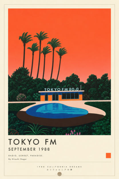 Turuncu Mavi Retro Tokyo Radyo İstasyonu Gün Batımı Duvar Tablosu