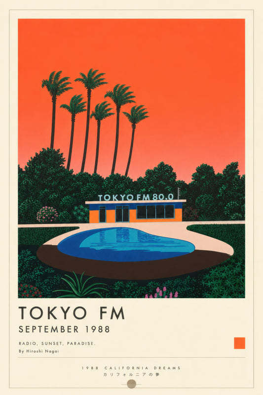 Turuncu Mavi Retro Tokyo Radyo İstasyonu Gün Batımı Duvar Tablosu