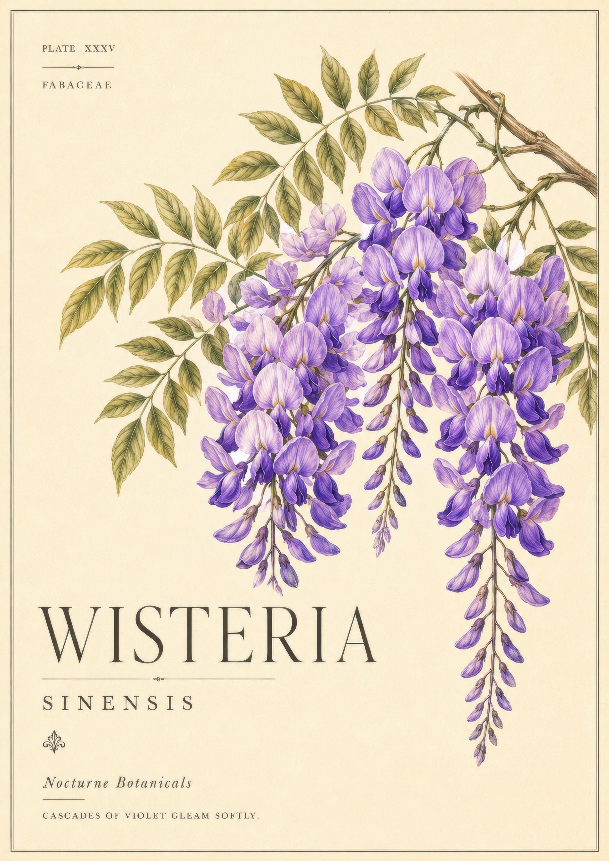 Mor Yeşil Wisteria Çiçeği Botanik Duvar Tablosu