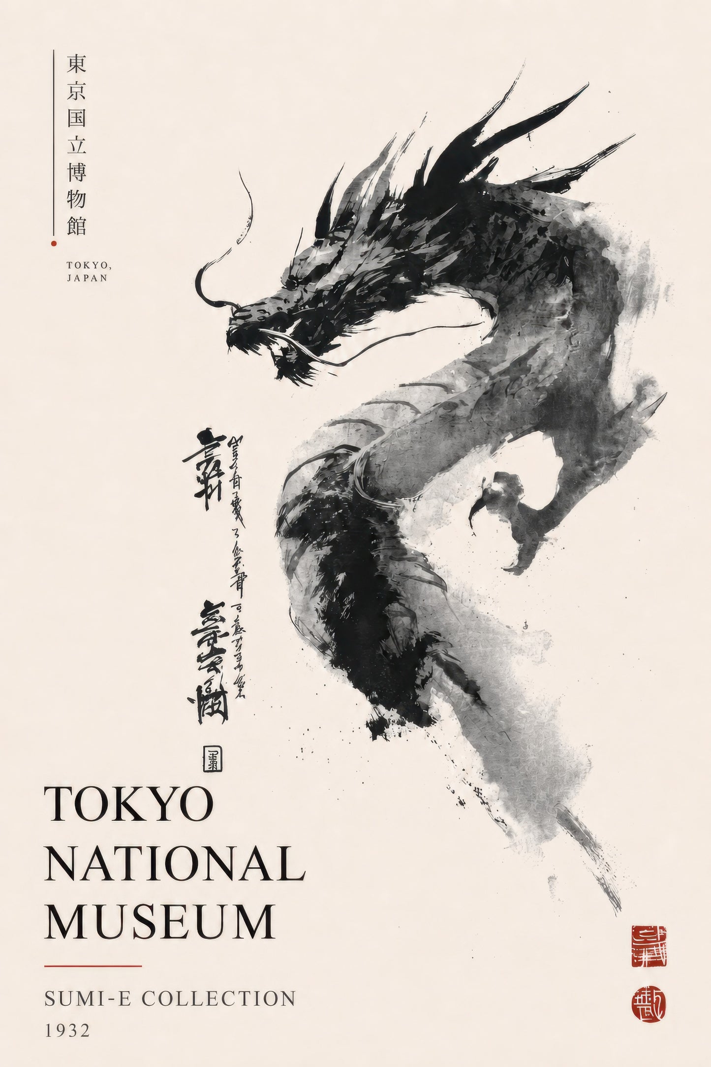 Siyah Beyaz Japon Ejderha Sumi-e Mürekkep Sanatı Duvar Tablosu