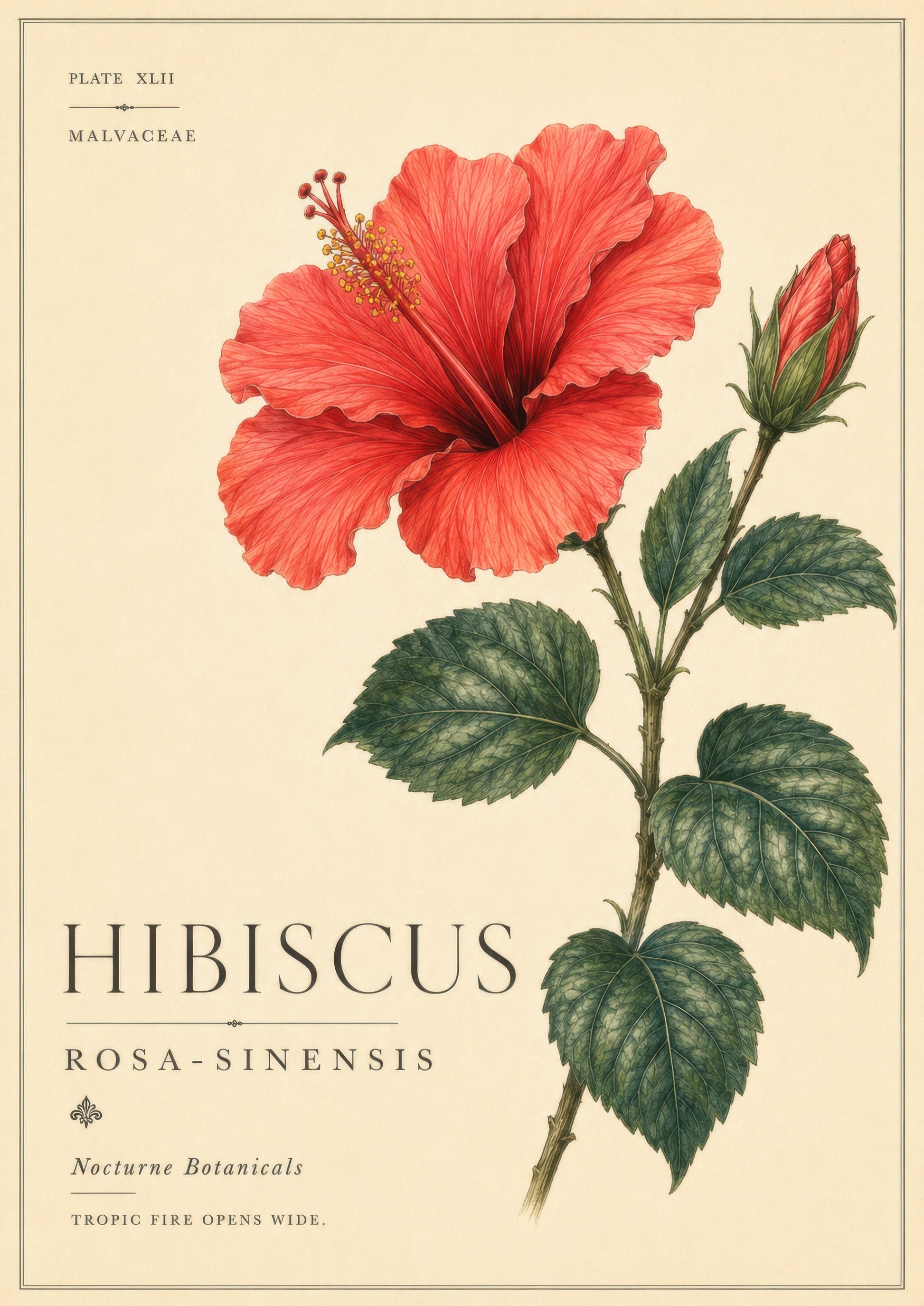 Mercan Yeşil Hibiscus Çiçeği Botanik İllüstrasyon Duvar Tablosu