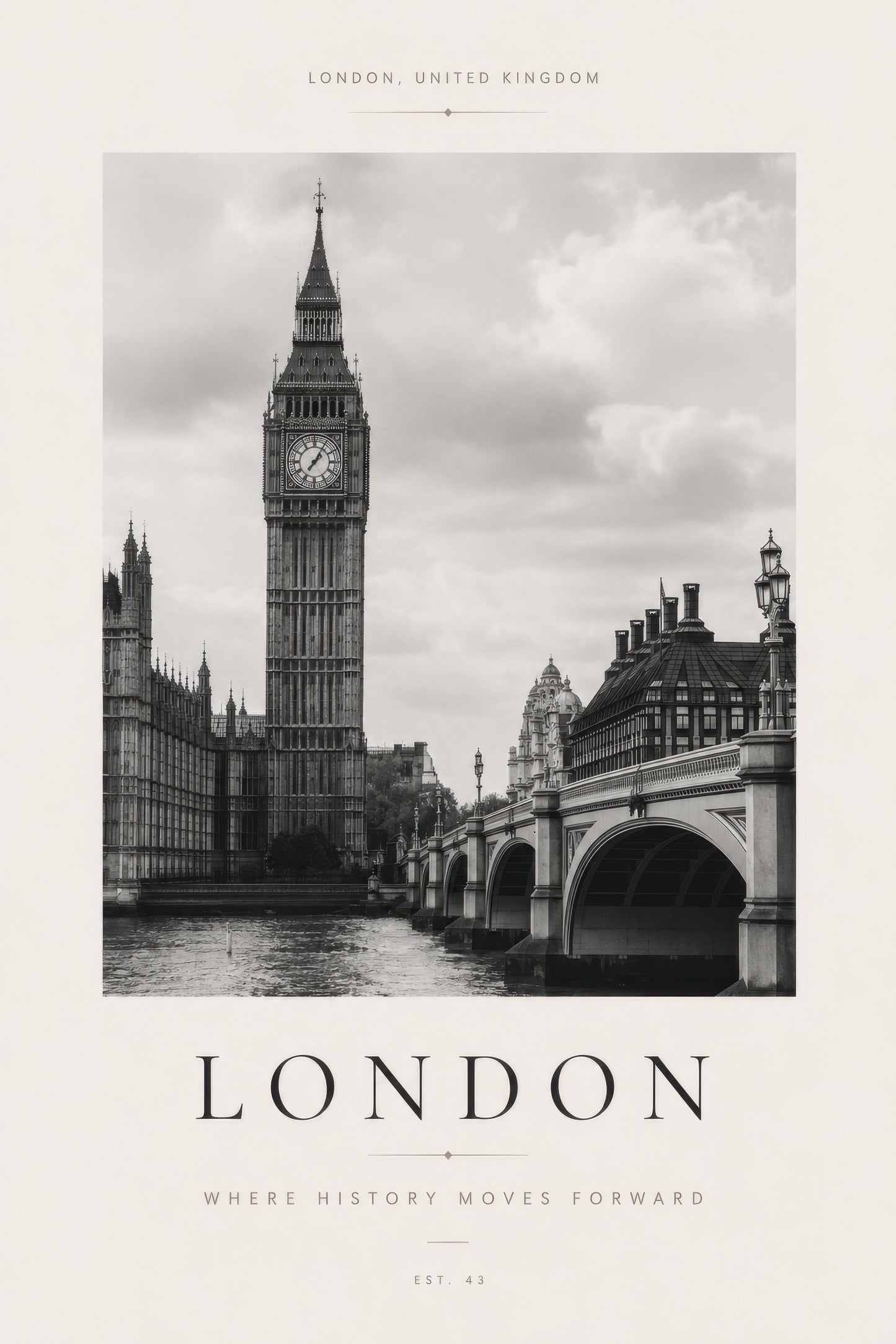 Gri Siyah Londra Big Ben Manzarası Nostaljik Duvar Tablosu