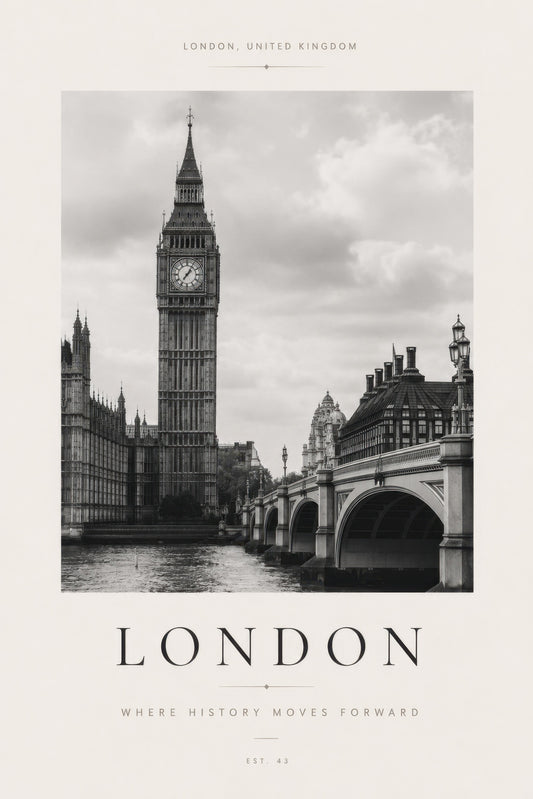 Gri Siyah Londra Big Ben Manzarası Nostaljik Duvar Tablosu