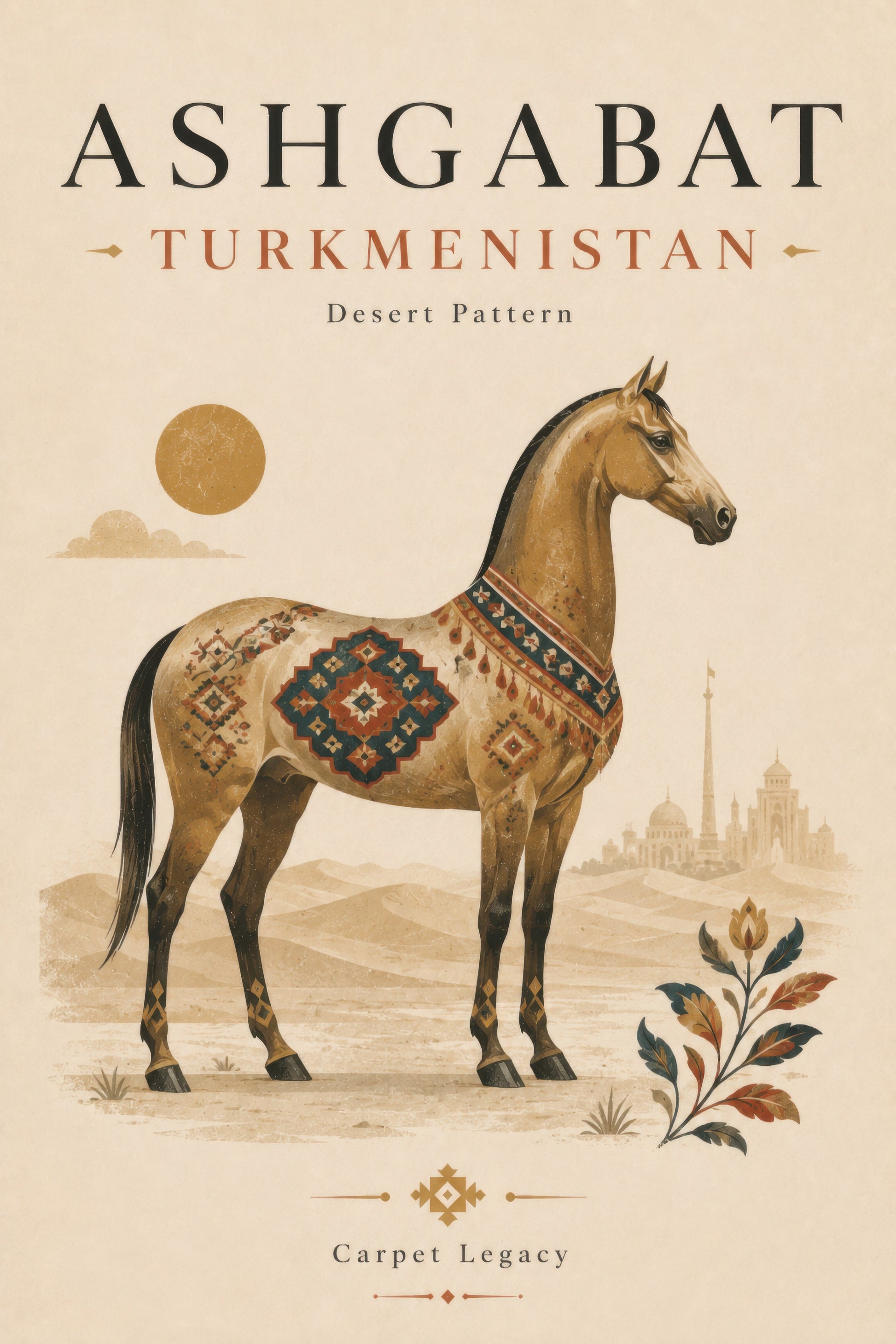 Bej Altın Aşkabat Türkmenistan Atlı Geleneksel Sanat Duvar Tablosu