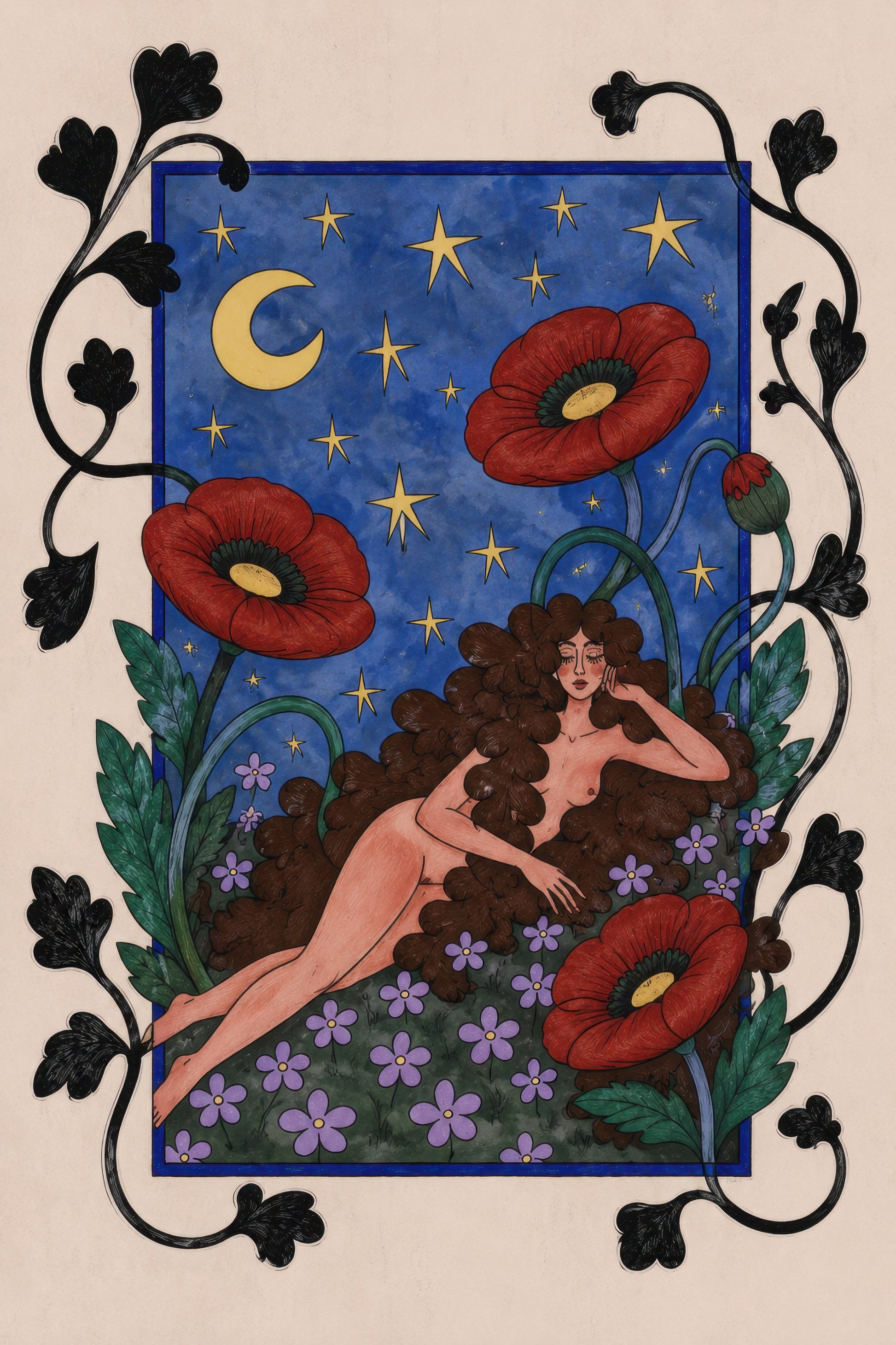 Mavi Kırmızı Gece Kadın Mitolojik Art Nouveau 3'lü Set Duvar Tablosu