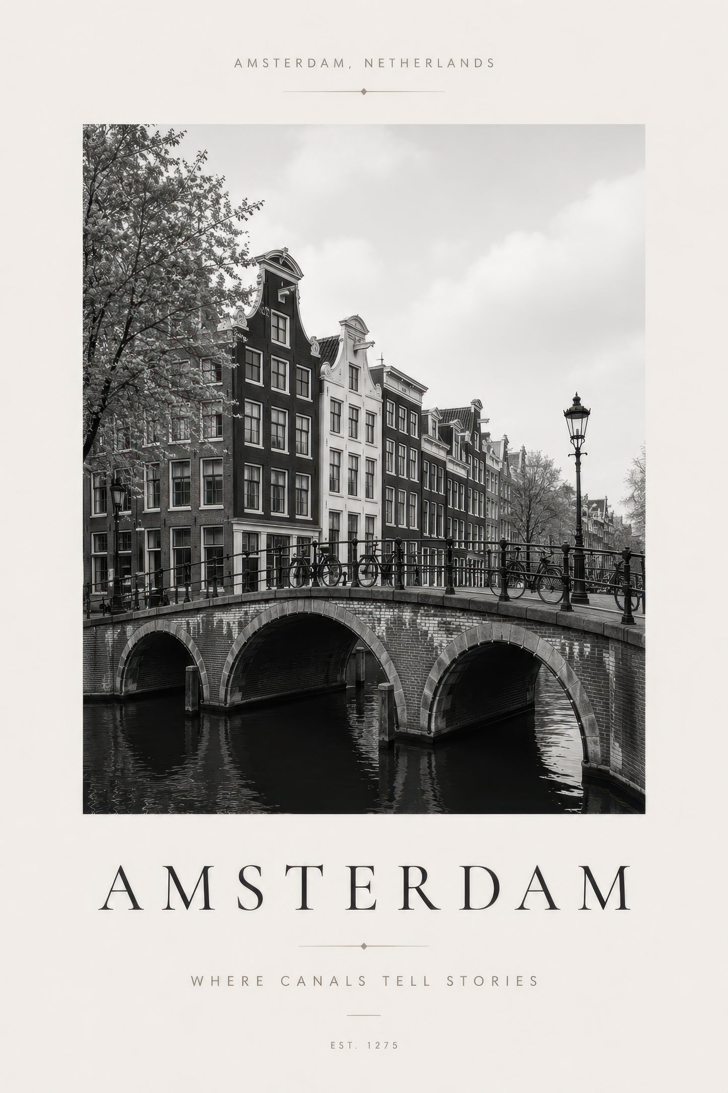 Siyah Beyaz Amsterdam Kanal Manzarası Minimalist Duvar Tablosu