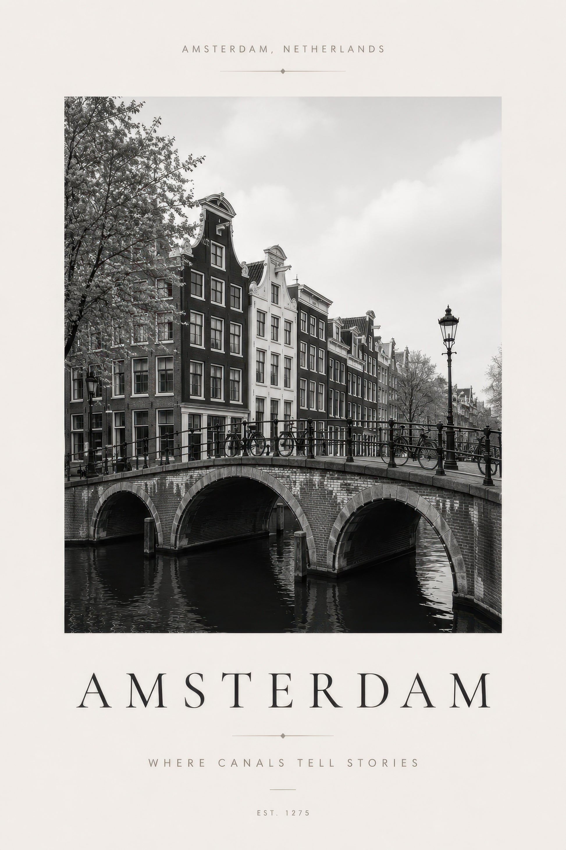 Siyah Beyaz Amsterdam Kanal Manzarası Minimalist Duvar Tablosu