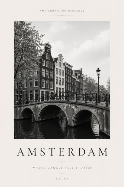 Siyah Beyaz Amsterdam Kanal Manzarası Minimalist Duvar Tablosu