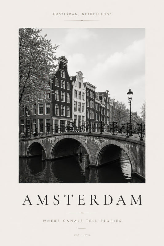 Siyah Beyaz Amsterdam Kanal Manzarası Minimalist Duvar Tablosu