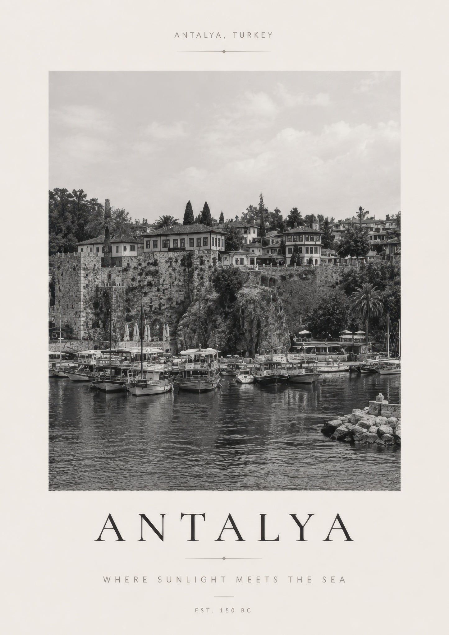 Siyah Beyaz Antalya Liman Manzarası Vintage Duvar Tablosu